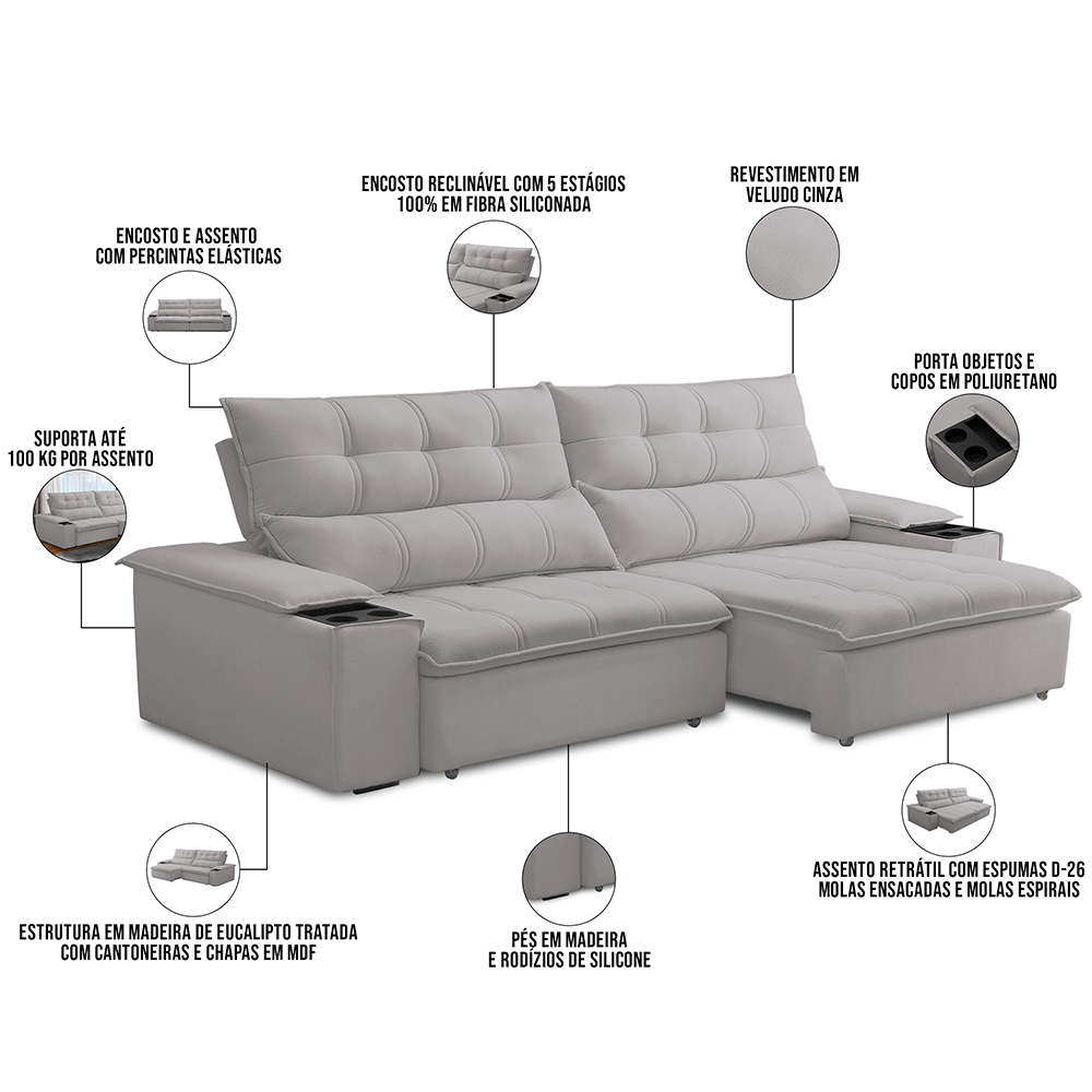 Sofá Retrátil Reclinável Para Sala de Estar Living 230cm Ártico F04 Veludo Cinza - Lyam Decor