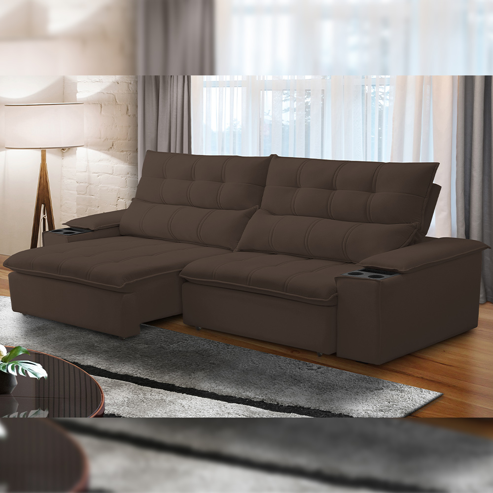 Sofá Retrátil Reclinável Para Sala de Estar Living 230cm Ártico F04 Veludo Marrom - Lyam Decor