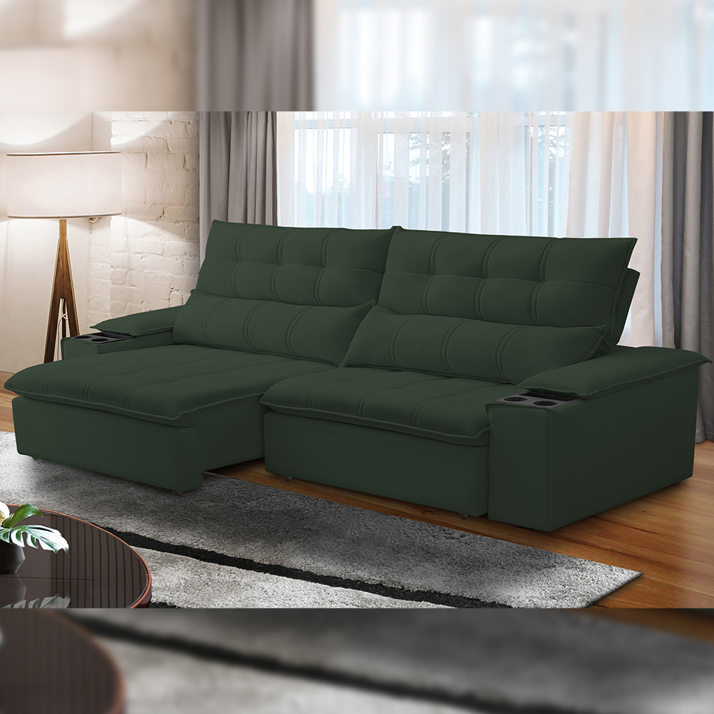 Sofá Retrátil Reclinável Para Sala de Estar Living 230cm Ártico F04 Veludo Verde - Lyam Decor
