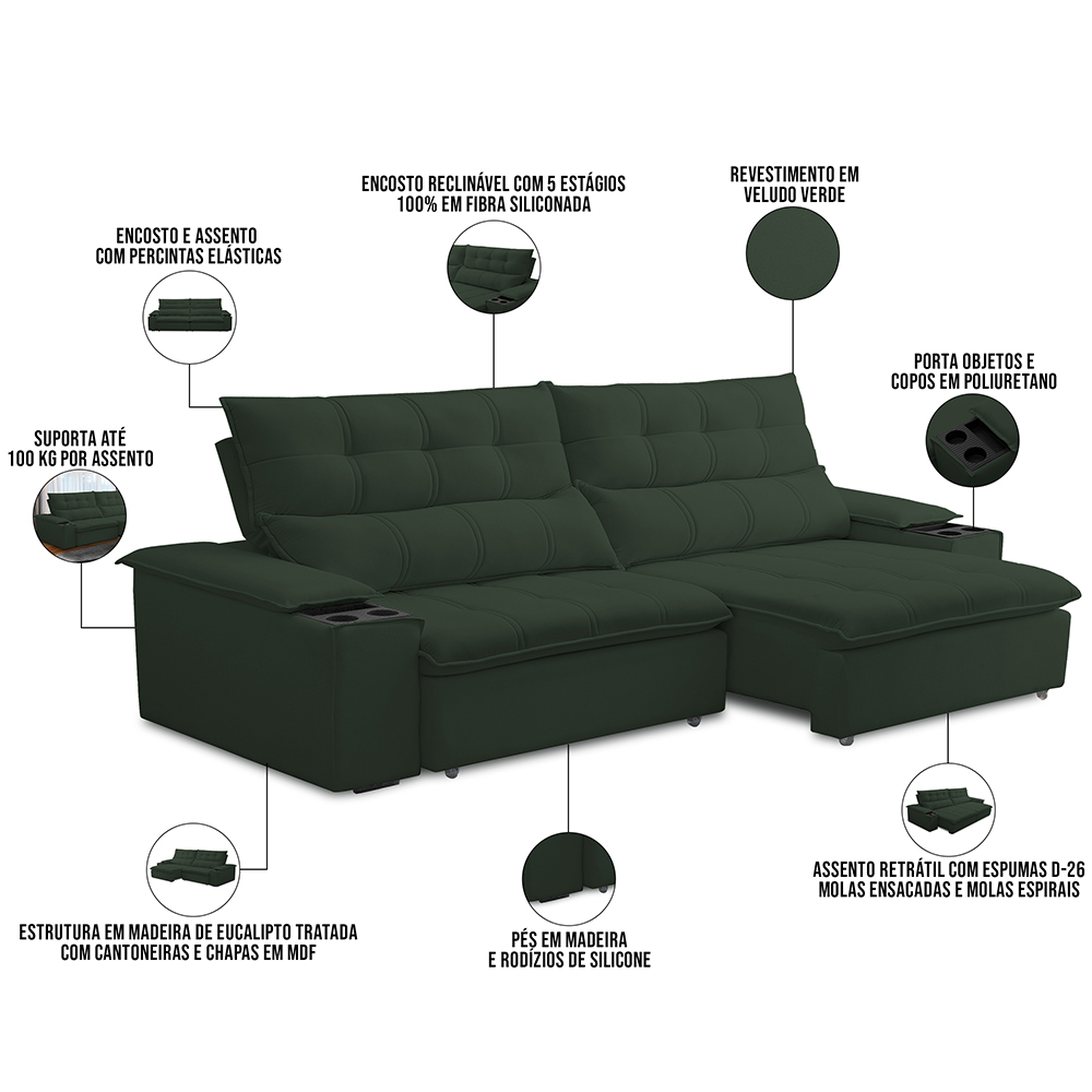 Sofá Retrátil Reclinável Para Sala de Estar Living 230cm Ártico F04 Veludo Verde - Lyam Decor