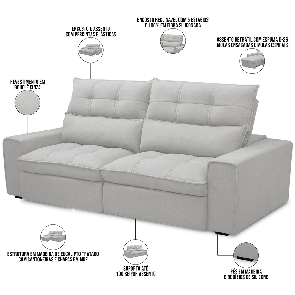 Sofá Retrátil Reclinável Para Sala de Estar Living 230cm Dimas F04 Bouclê Cinza - Lyam Decor