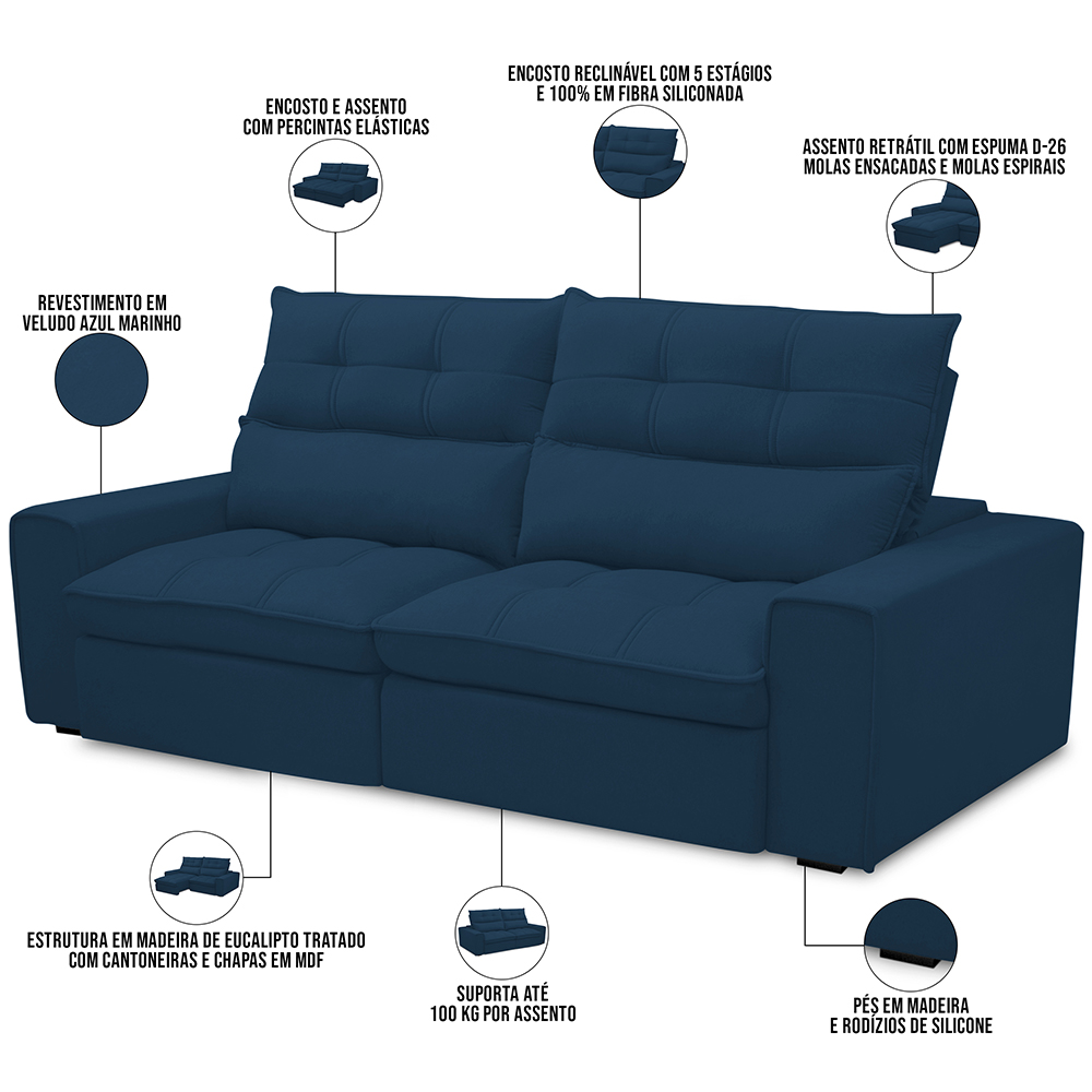 Sofá Retrátil Reclinável Para Sala de Estar Living 230cm Dimas F04 Veludo Azul - Lyam Decor