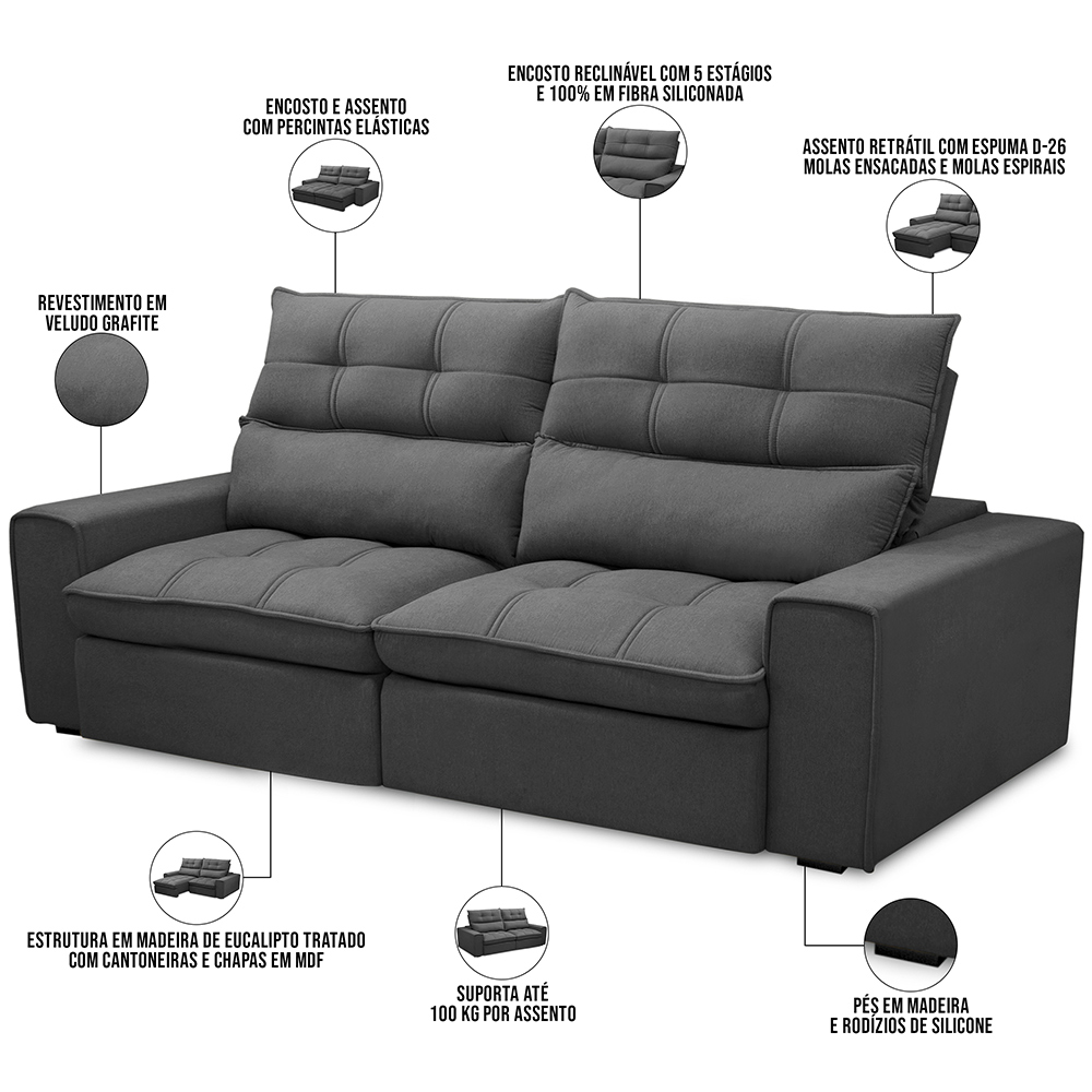 Sofá Retrátil Reclinável Para Sala de Estar Living 230cm Dimas F04 Veludo Grafite - Lyam Decor
