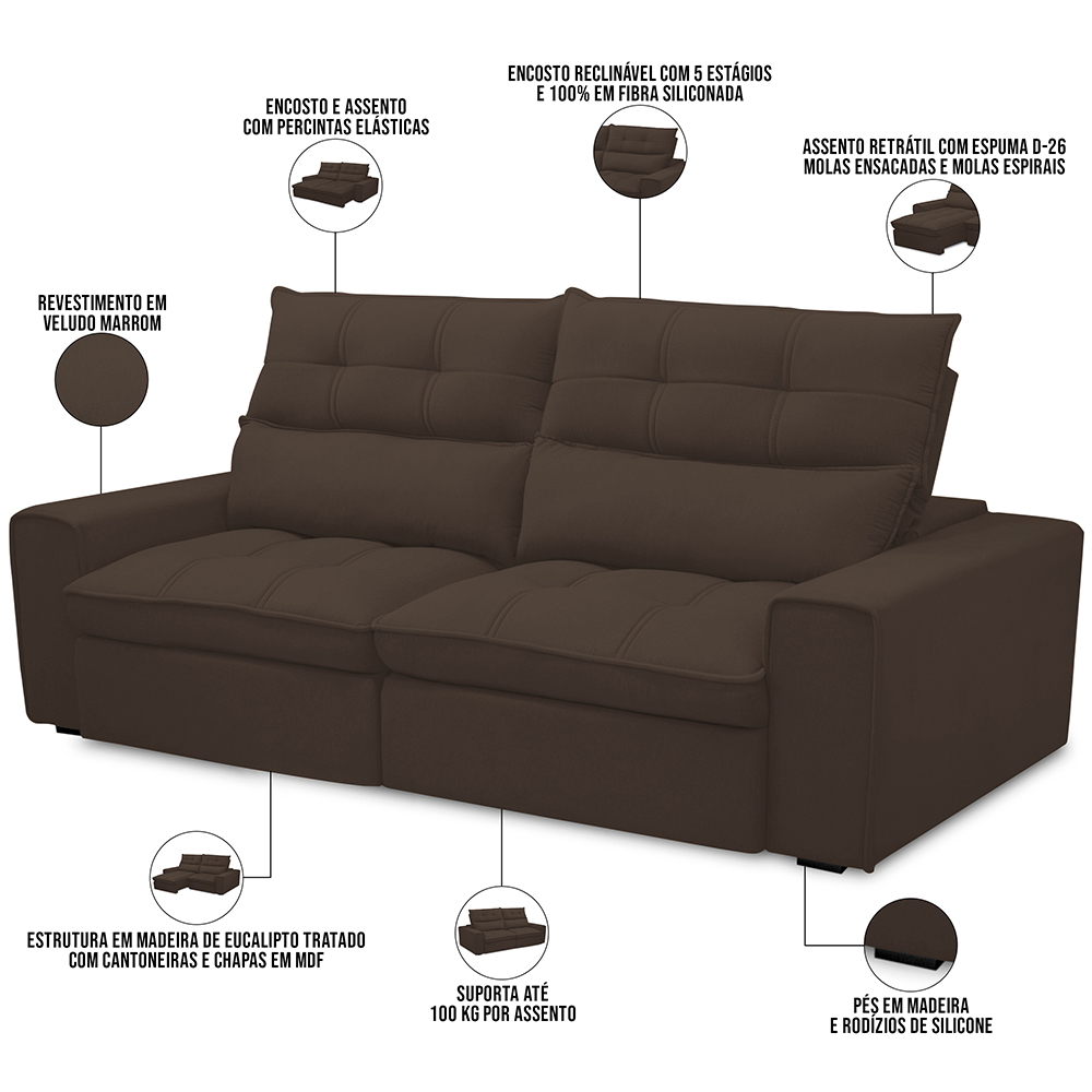 Sofá Retrátil Reclinável Para Sala de Estar Living 230cm Dimas F04 Veludo Marrom - Lyam Decor