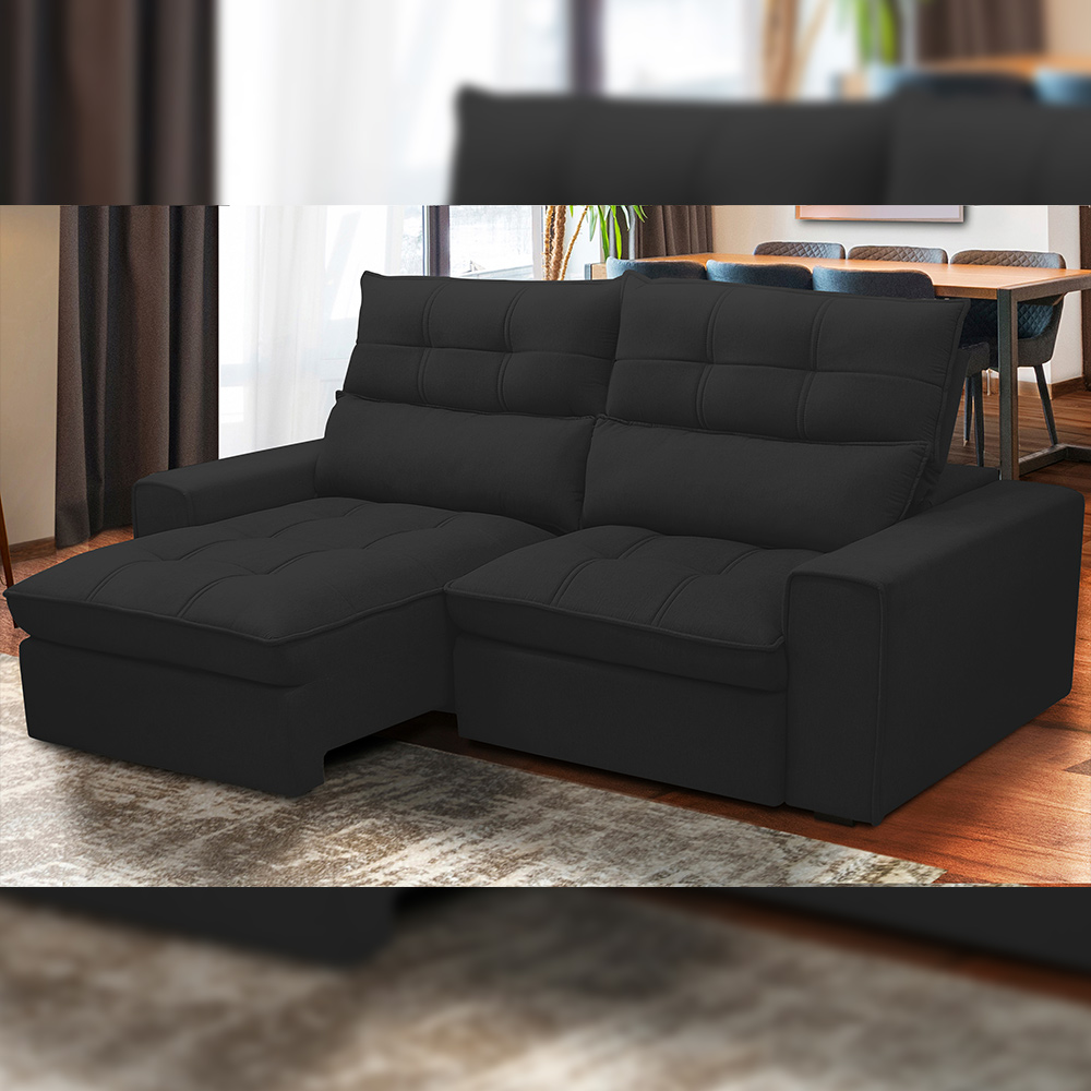 Sofá Retrátil Reclinável Para Sala de Estar Living 230cm Dimas F04 Veludo Preto - Lyam Decor