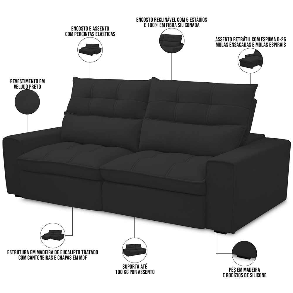Sofá Retrátil Reclinável Para Sala de Estar Living 230cm Dimas F04 Veludo Preto - Lyam Decor