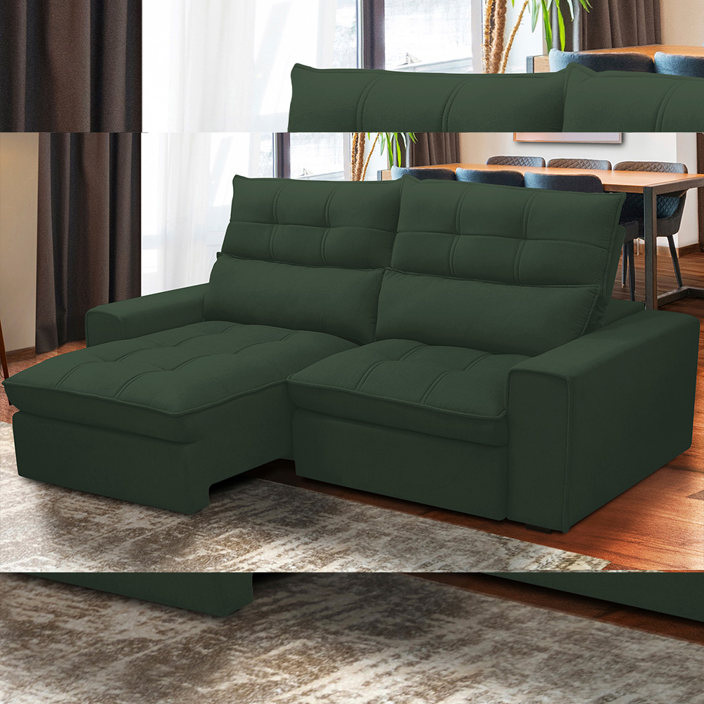 Sofá Retrátil Reclinável Para Sala de Estar Living 230cm Dimas F04 Veludo Verde - Lyam Decor