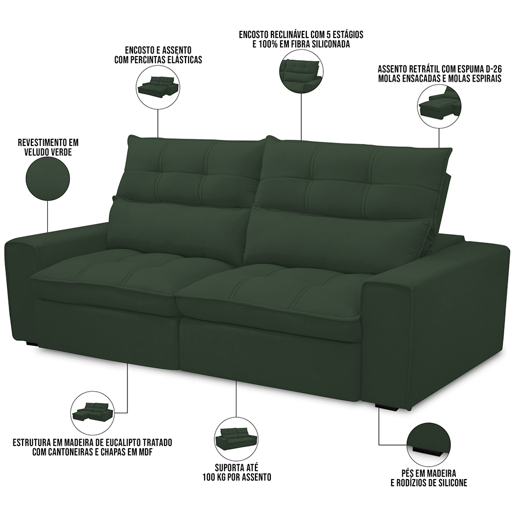 Sofá Retrátil Reclinável Para Sala de Estar Living 230cm Dimas F04 Veludo Verde - Lyam Decor
