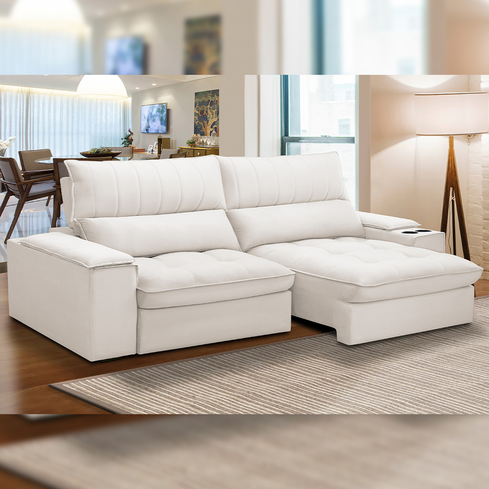 Sofá Retrátil Reclinável Para Sala de Estar Living 230cm Nápoles F04 Bouclê Off White - Lyam Decor