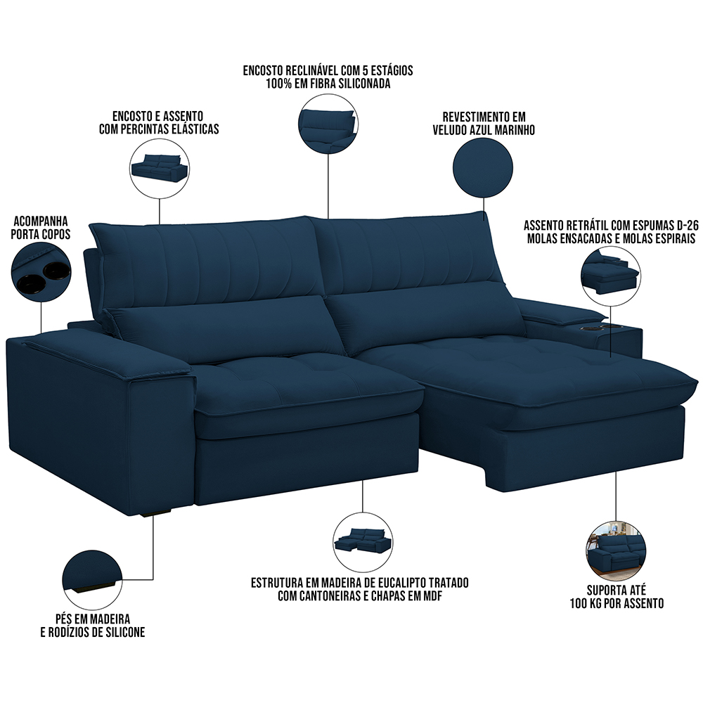 Sofá Retrátil Reclinável Para Sala de Estar Living 230cm Nápoles F04 Veludo Azul - Lyam Decor