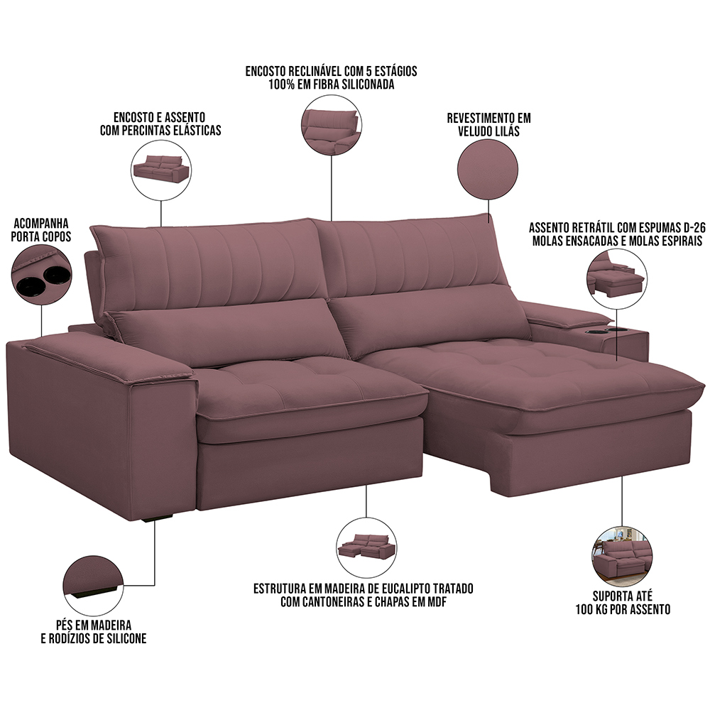 Sofá Retrátil Reclinável Para Sala de Estar Living 230cm Nápoles F04 Veludo Lilás - Lyam Decor