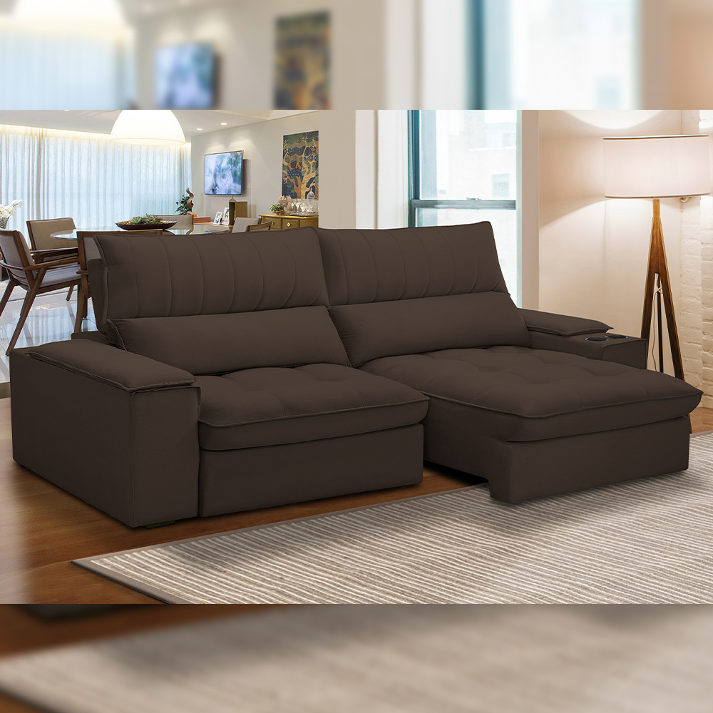 Sofá Retrátil Reclinável Para Sala de Estar Living 230cm Nápoles F04 Veludo Marrom - Lyam Decor