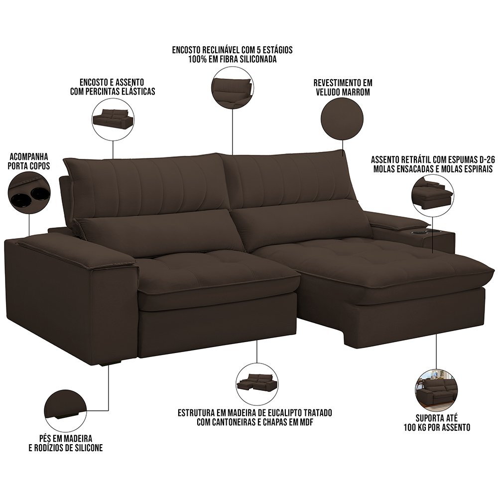 Sofá Retrátil Reclinável Para Sala de Estar Living 230cm Nápoles F04 Veludo Marrom - Lyam Decor