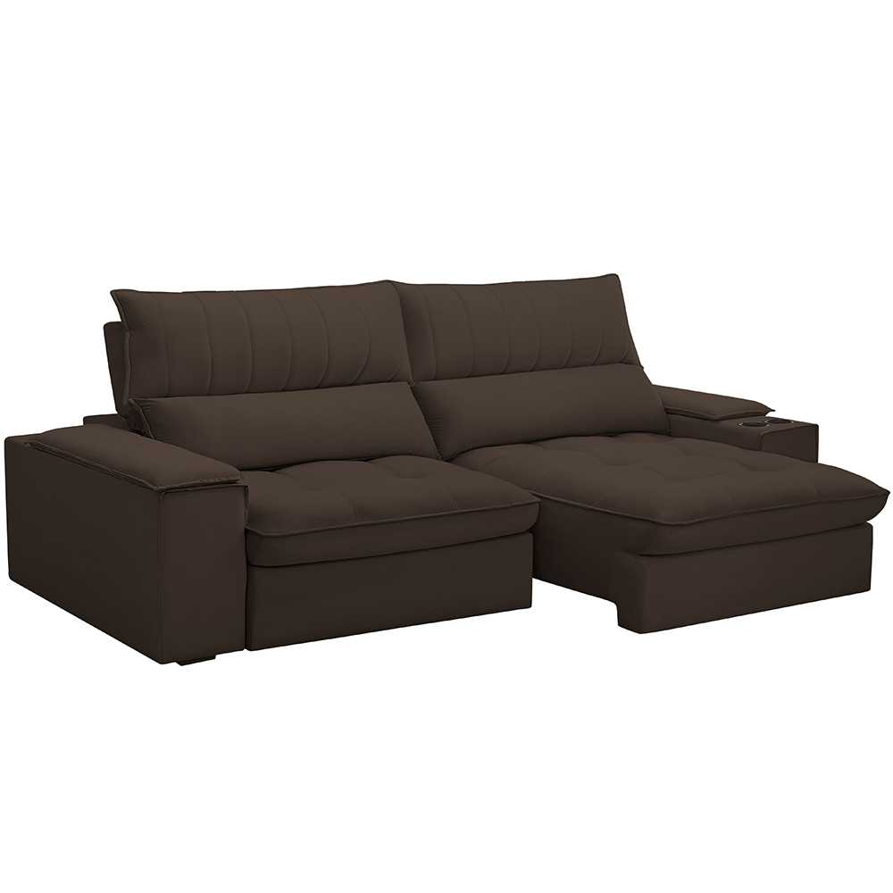 Sofá Retrátil Reclinável Para Sala de Estar Living 230cm Nápoles F04 Veludo Marrom - Lyam Decor