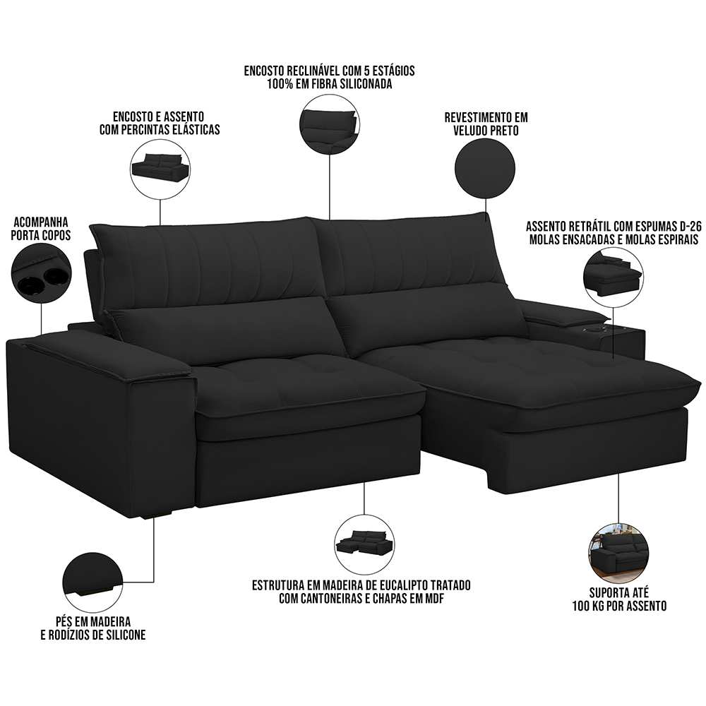 Sofá Retrátil Reclinável Para Sala de Estar Living 230cm Nápoles F04 Veludo Preto - Lyam Decor