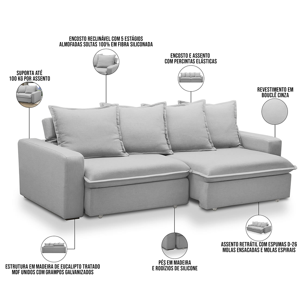 Sofá Retrátil Reclinável Para Sala de Estar Living 235cm Vêneto F04 Bouclê Cinza - Lyam Decor