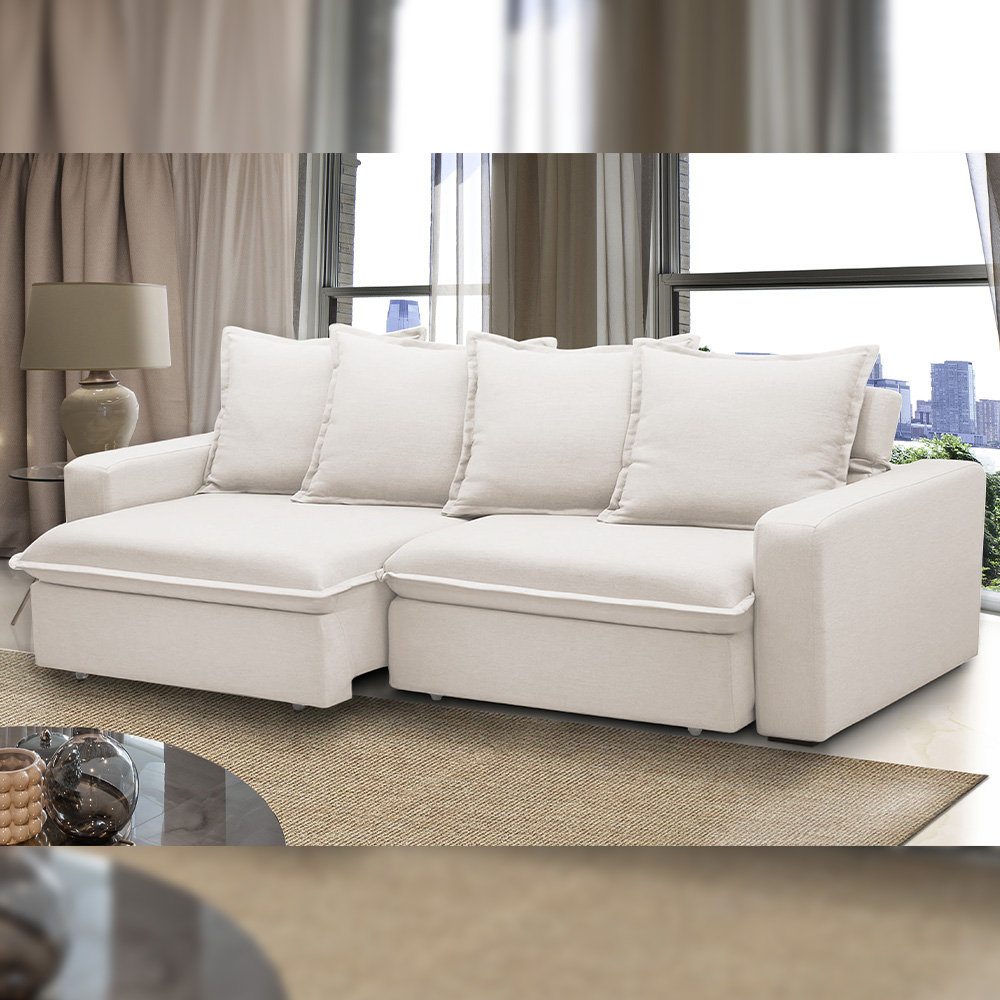 Sofá Retrátil Reclinável Para Sala de Estar Living 235cm Vêneto F04 Bouclê Off White - Lyam Decor