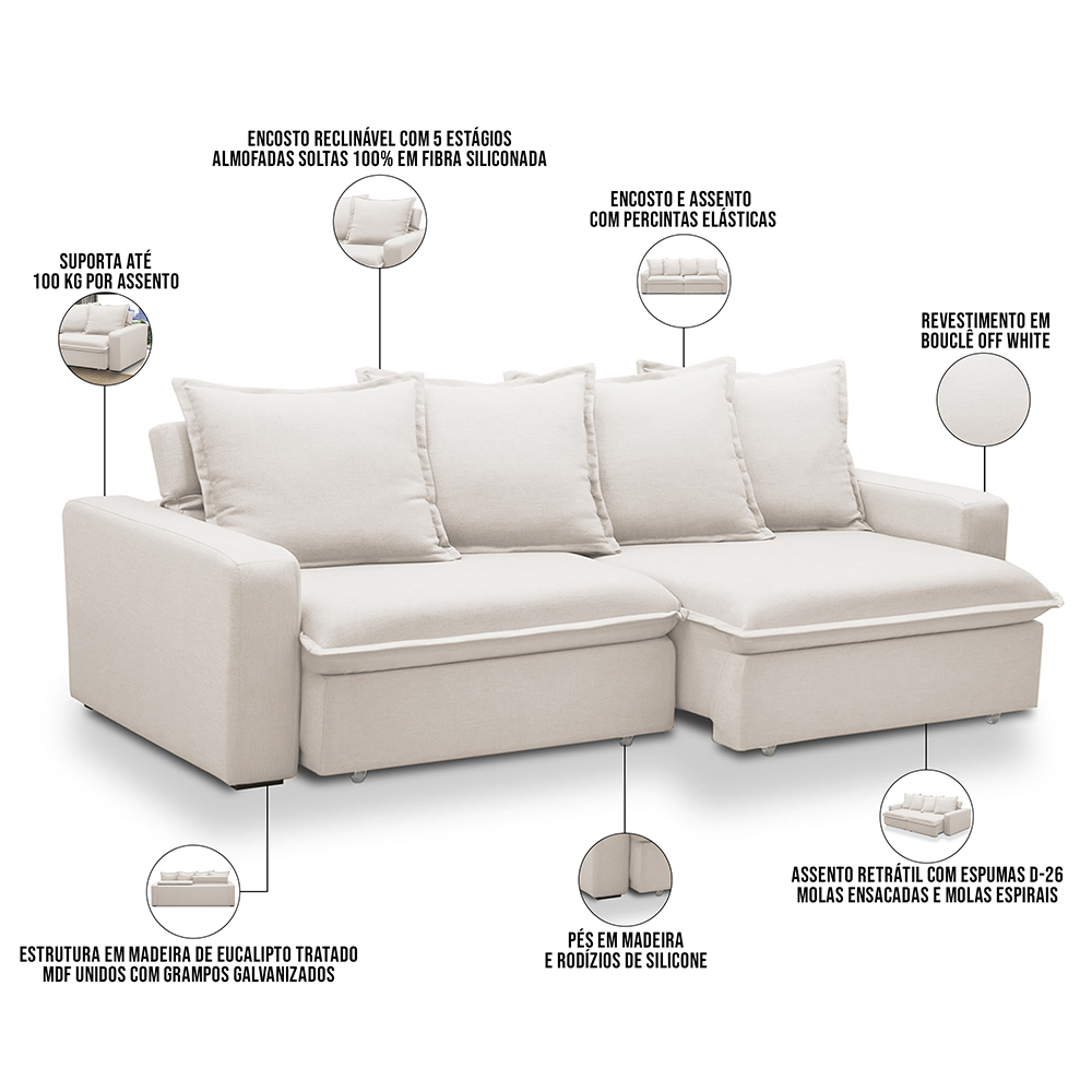 Sofá Retrátil Reclinável Para Sala de Estar Living 235cm Vêneto F04 Bouclê Off White - Lyam Decor
