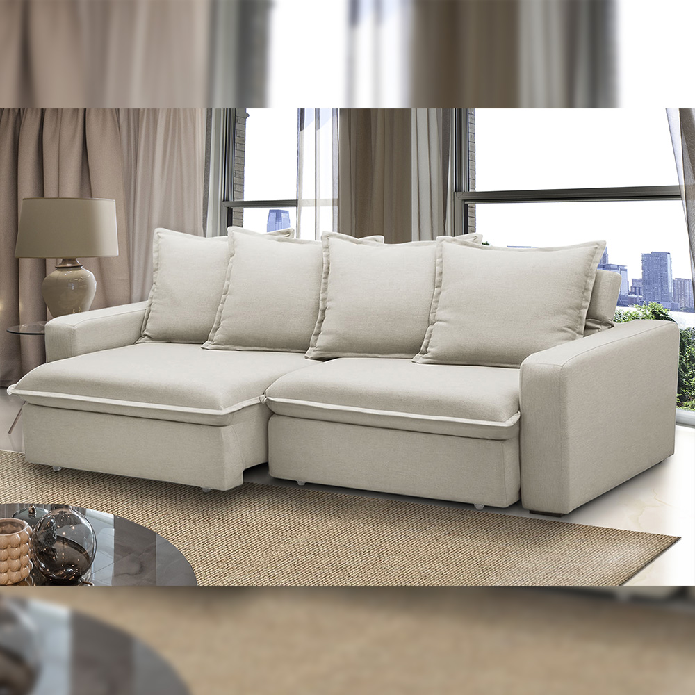 Sofá Retrátil Reclinável Para Sala de Estar Living 235cm Vêneto F04 Veludo Bege - Lyam Decor