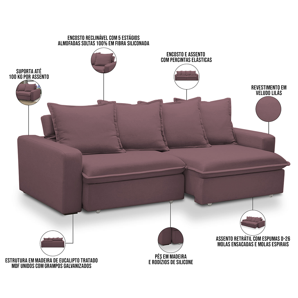 Sofá Retrátil Reclinável Para Sala de Estar Living 235cm Vêneto F04 Veludo Lilás - Lyam Decor