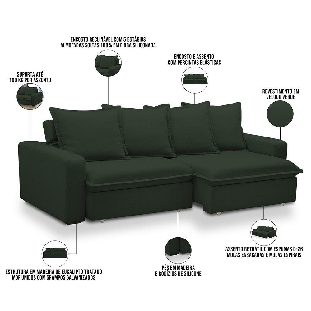 Sofá Retrátil Reclinável Para Sala de Estar Living 235cm Vêneto F04 Veludo Verde - Lyam Decor