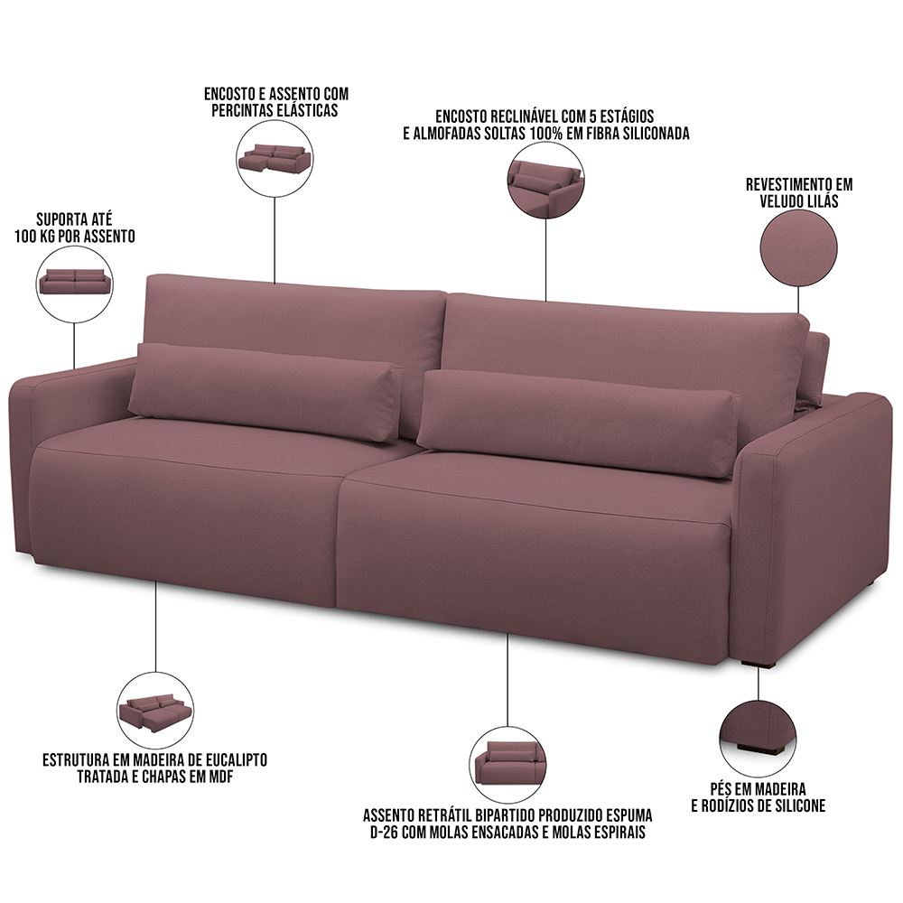 Sofá Retrátil Reclinável Para Sala de Estar Living 240cm Sevilha F04 Veludo Lilás - Lyam Decor