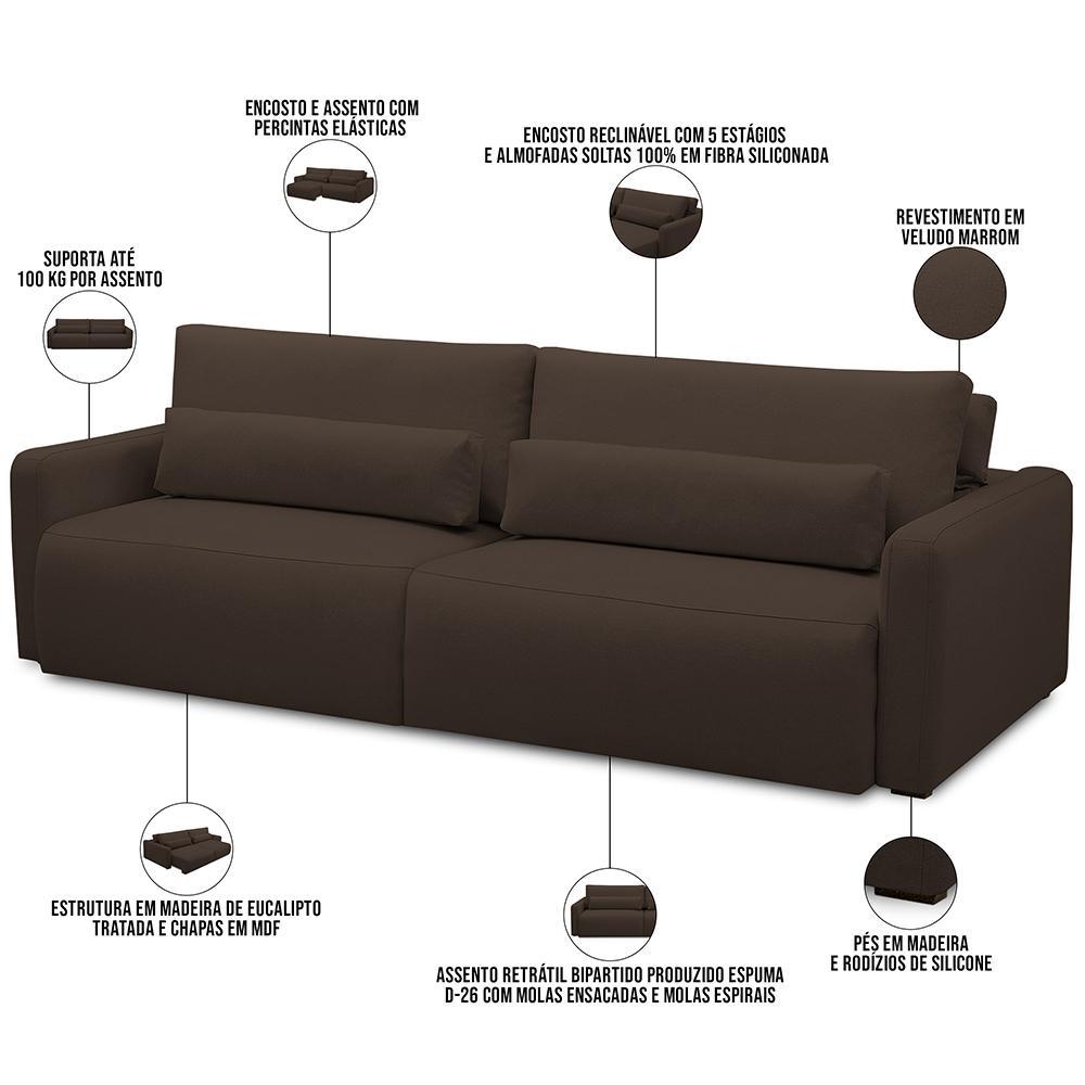 Sofá Retrátil Reclinável Para Sala de Estar Living 240cm Sevilha F04 Veludo Marrom - Lyam Decor
