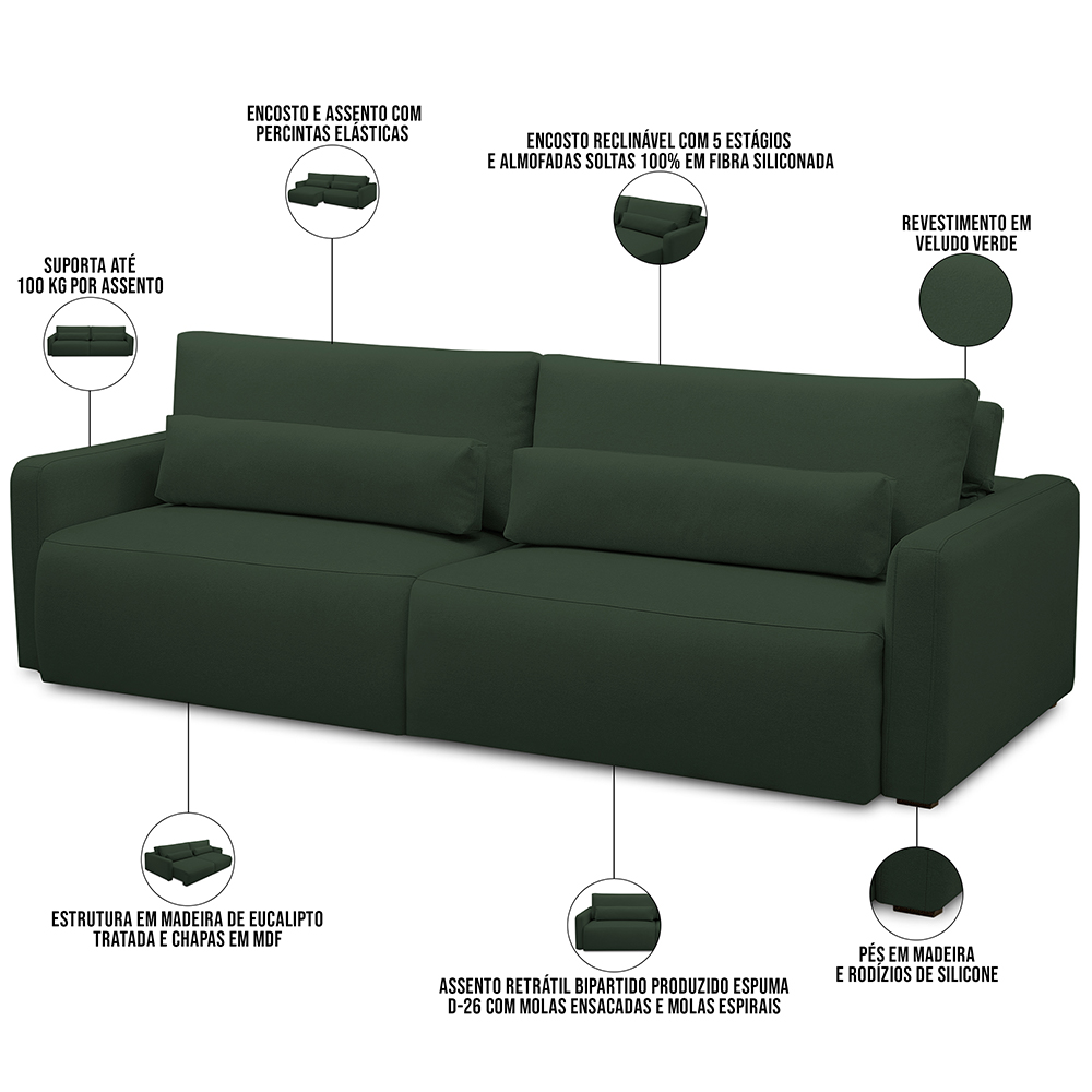 Sofá Retrátil Reclinável Para Sala de Estar Living 240cm Sevilha F04 Veludo Verde - Lyam Decor
