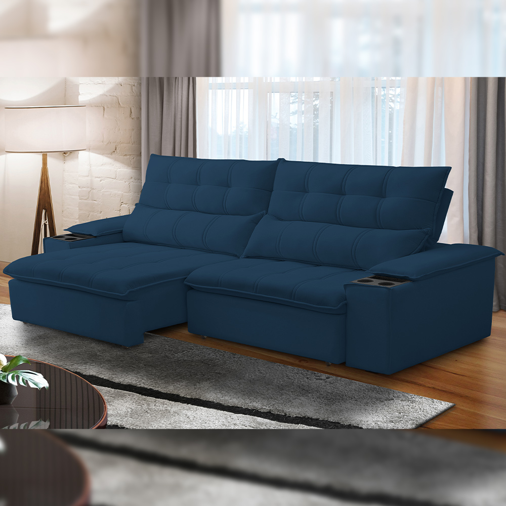 Sofá Retrátil Reclinável Para Sala de Estar Living 250cm Ártico F04 Veludo Azul - Lyam Decor