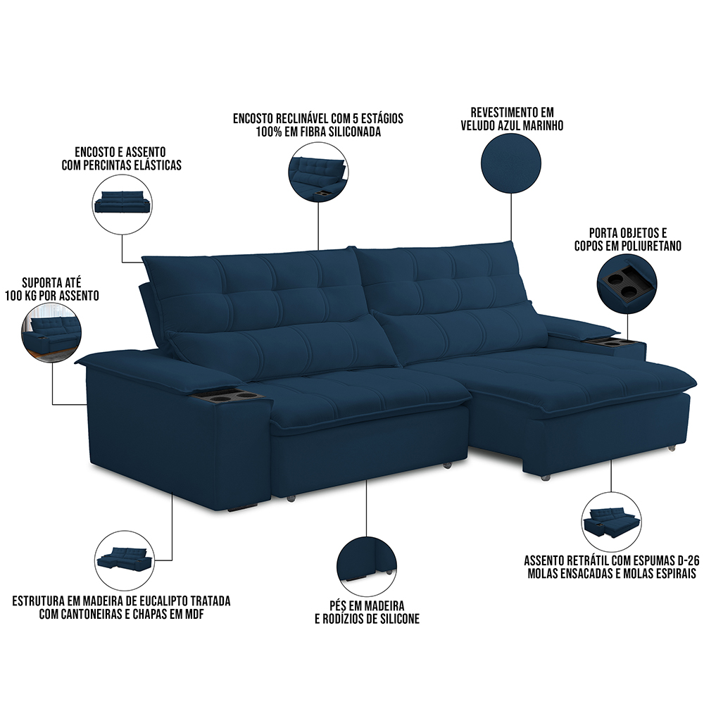 Sofá Retrátil Reclinável Para Sala de Estar Living 250cm Ártico F04 Veludo Azul - Lyam Decor