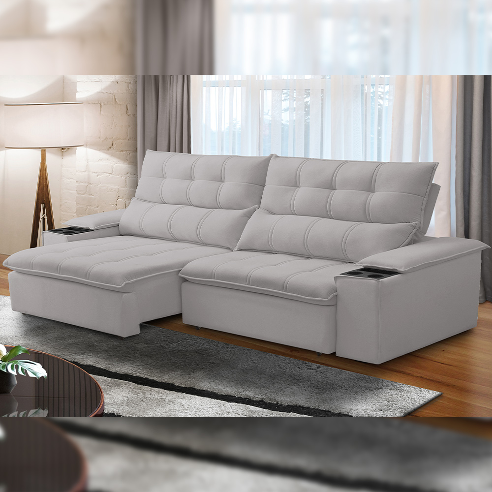 Sofá Retrátil Reclinável Para Sala de Estar Living 250cm Ártico F04 Veludo Cinza - Lyam Decor