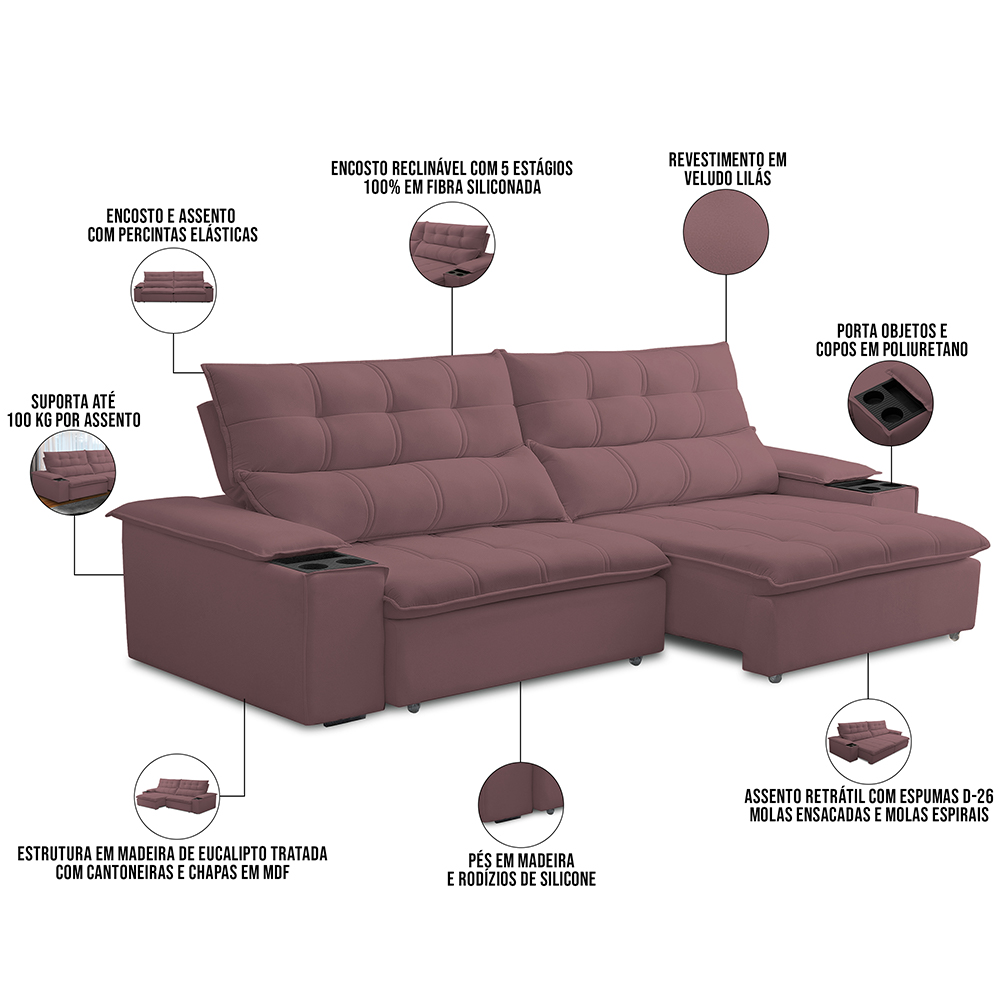Sofá Retrátil Reclinável Para Sala de Estar Living 250cm Ártico F04 Veludo Lilás - Lyam Decor