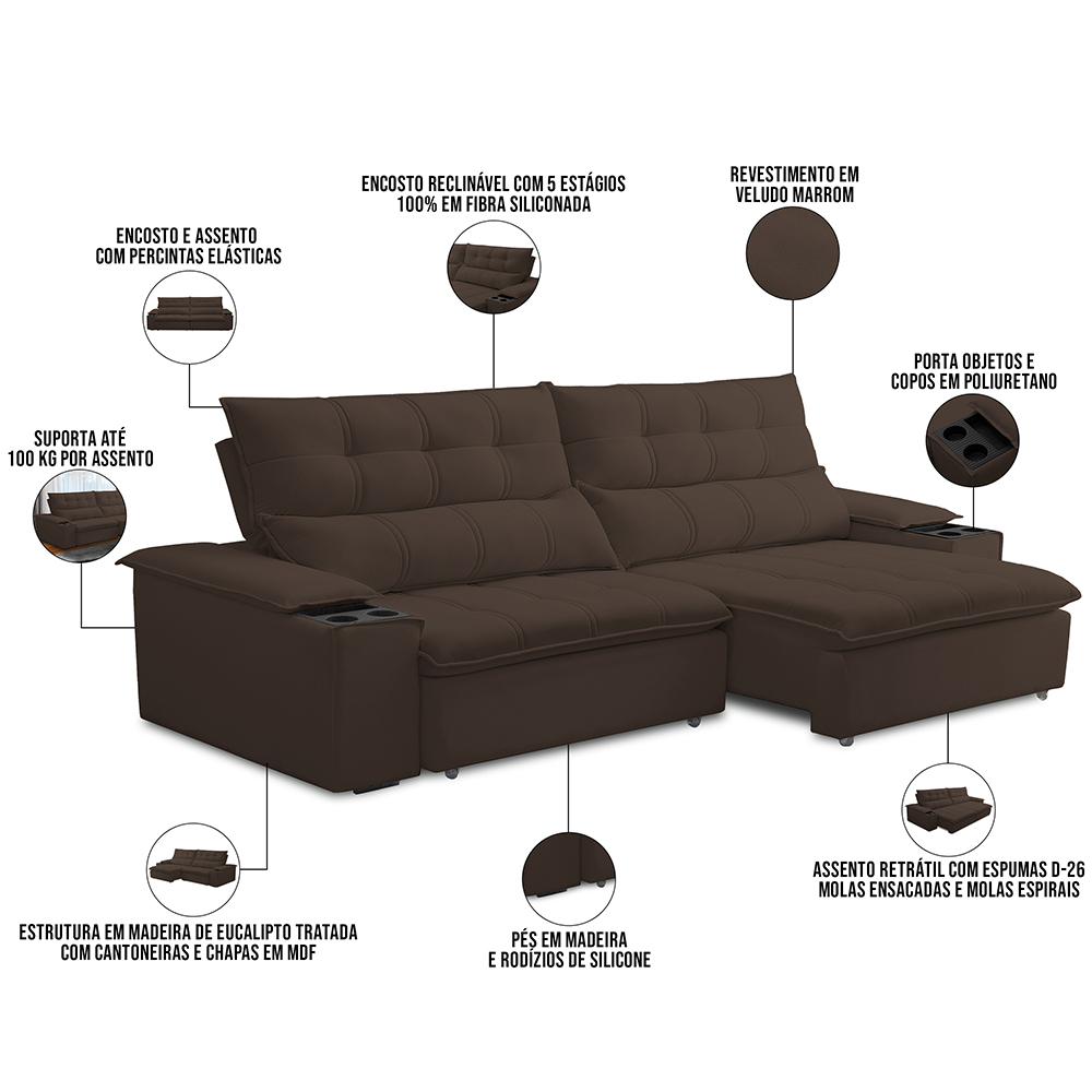 Sofá Retrátil Reclinável Para Sala de Estar Living 250cm Ártico F04 Veludo Marrom - Lyam Decor