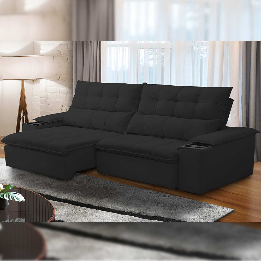 Sofá Retrátil Reclinável Para Sala de Estar Living 250cm Ártico F04 Veludo Preto - Lyam Decor