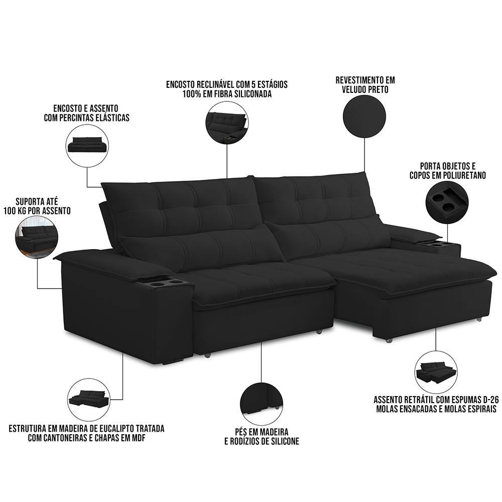 Sofá Retrátil Reclinável Para Sala de Estar Living 250cm Ártico F04 Veludo Preto - Lyam Decor