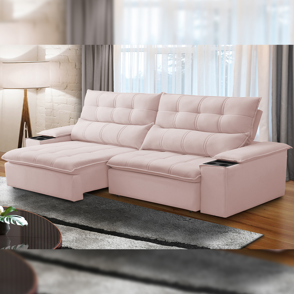 Sofá Retrátil Reclinável Para Sala de Estar Living 250cm Ártico F04 Veludo Rosê - Lyam Decor
