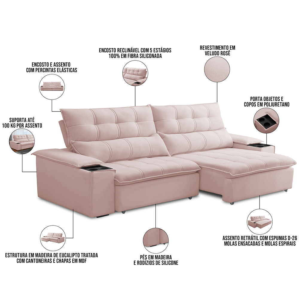 Sofá Retrátil Reclinável Para Sala de Estar Living 250cm Ártico F04 Veludo Rosê - Lyam Decor