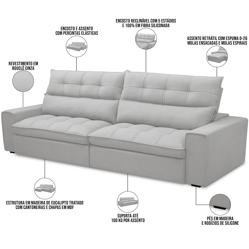 Sofá Retrátil Reclinável Para Sala de Estar Living 250cm Dimas F04 Bouclê Cinza - Lyam Decor