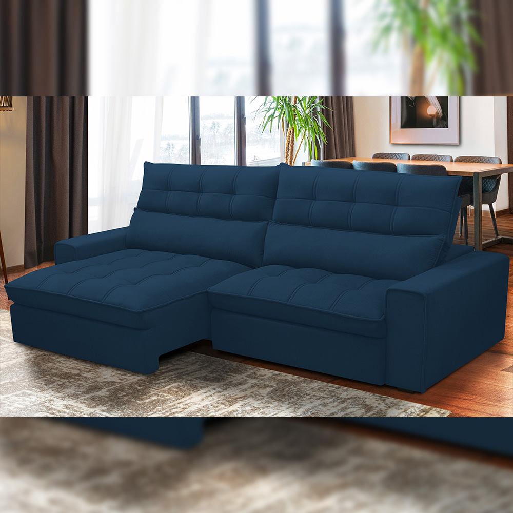 Sofá Retrátil Reclinável Para Sala de Estar Living 250cm Dimas F04 Veludo Azul - Lyam Decor