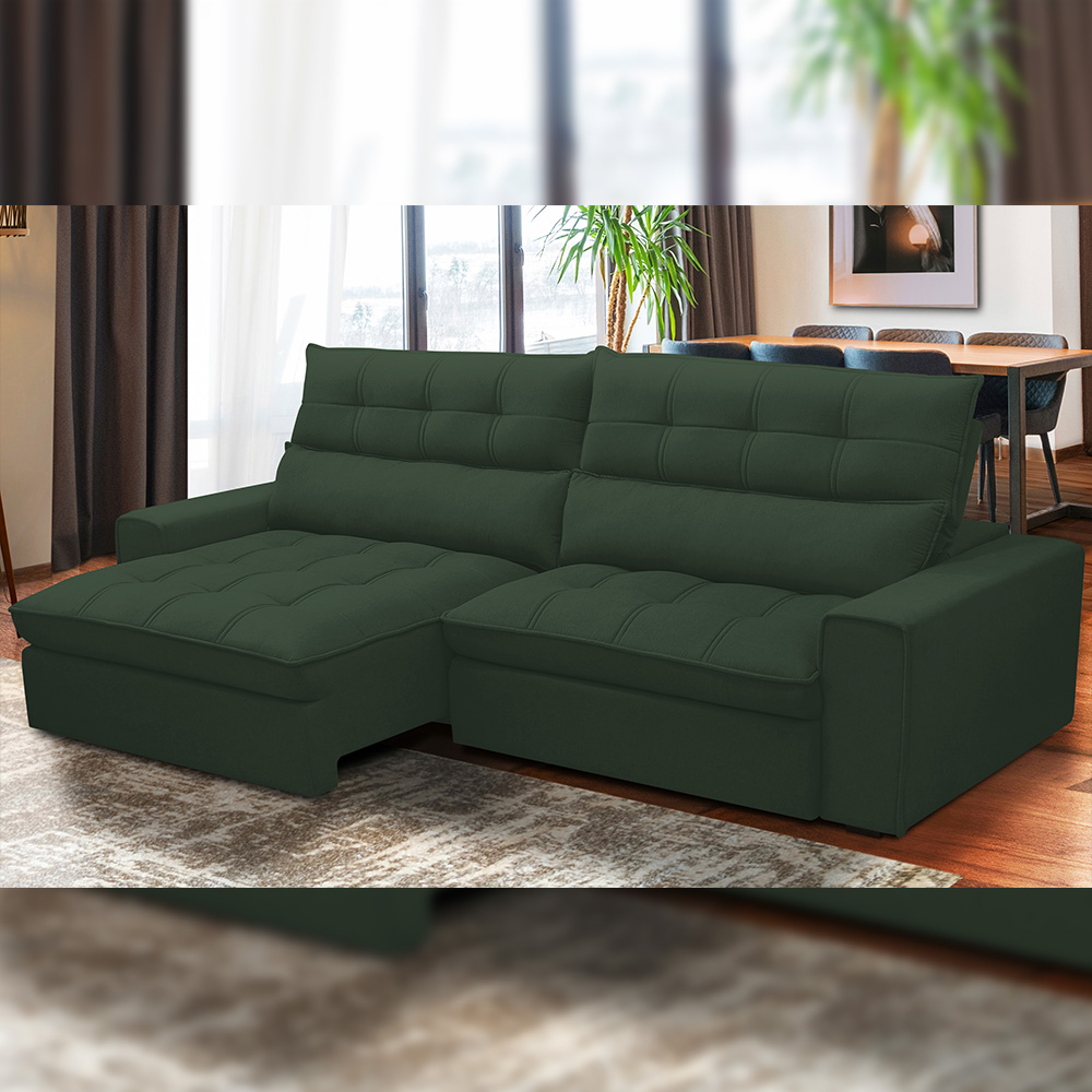 Sofá Retrátil Reclinável Para Sala de Estar Living 250cm Dimas F04 Veludo Verde - Lyam Decor