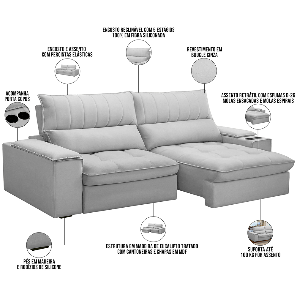 Sofá Retrátil Reclinável Para Sala de Estar Living 250cm Nápoles F04 Bouclê Cinza - Lyam Decor
