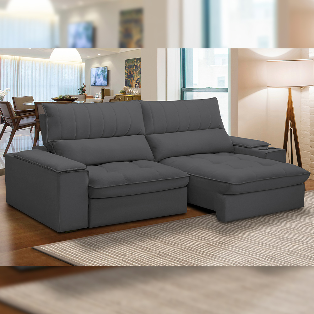 Sofá Retrátil Reclinável Para Sala de Estar Living 250cm Nápoles F04 Bouclê Grafite - Lyam Decor