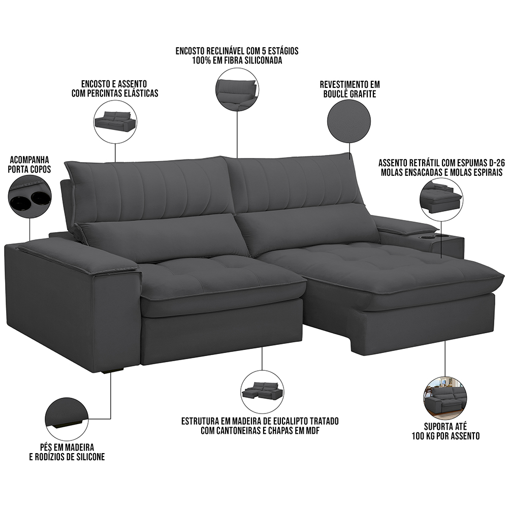 Sofá Retrátil Reclinável Para Sala de Estar Living 250cm Nápoles F04 Bouclê Grafite - Lyam Decor