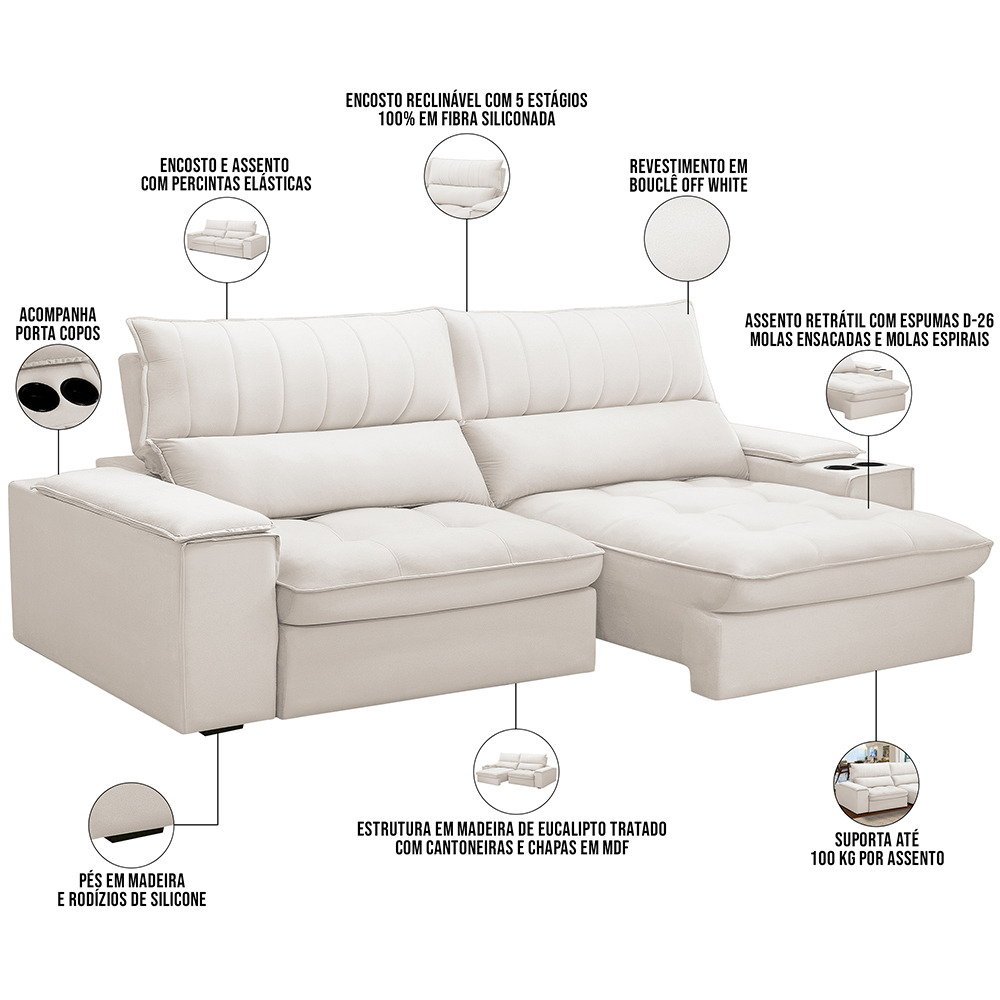 Sofá Retrátil Reclinável Para Sala de Estar Living 250cm Nápoles F04 Bouclê Off White - Lyam Decor