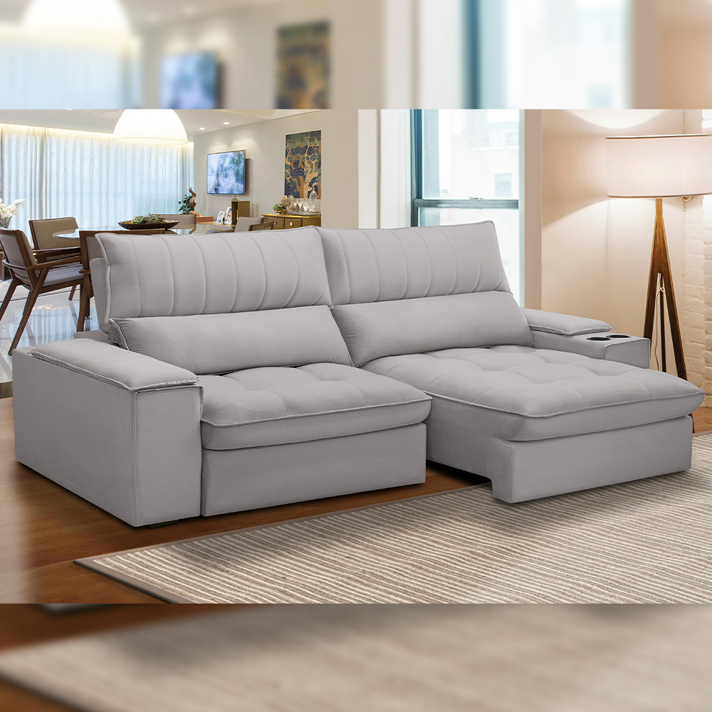 Sofá Retrátil Reclinável Para Sala de Estar Living 250cm Nápoles F04 Veludo Cinza - Lyam Decor