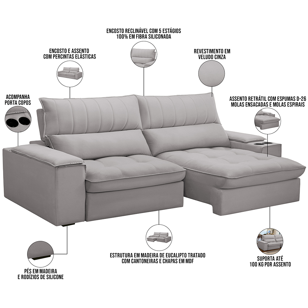Sofá Retrátil Reclinável Para Sala de Estar Living 250cm Nápoles F04 Veludo Cinza - Lyam Decor