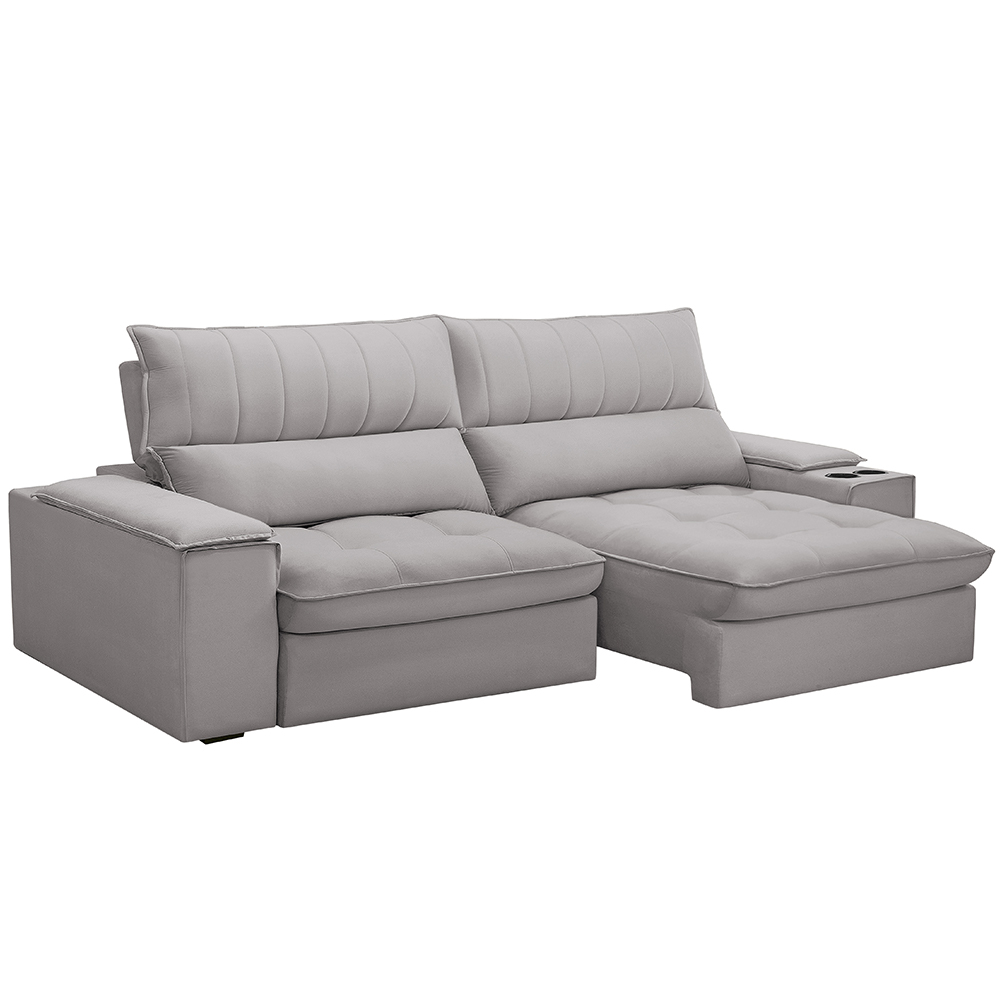 Sofá Retrátil Reclinável Para Sala de Estar Living 250cm Nápoles F04 Veludo Cinza - Lyam Decor