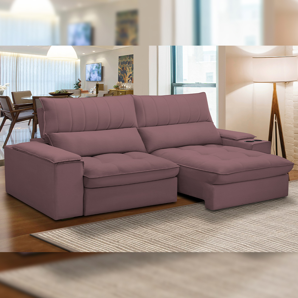 Sofá Retrátil Reclinável Para Sala de Estar Living 250cm Nápoles F04 Veludo Lilás - Lyam Decor