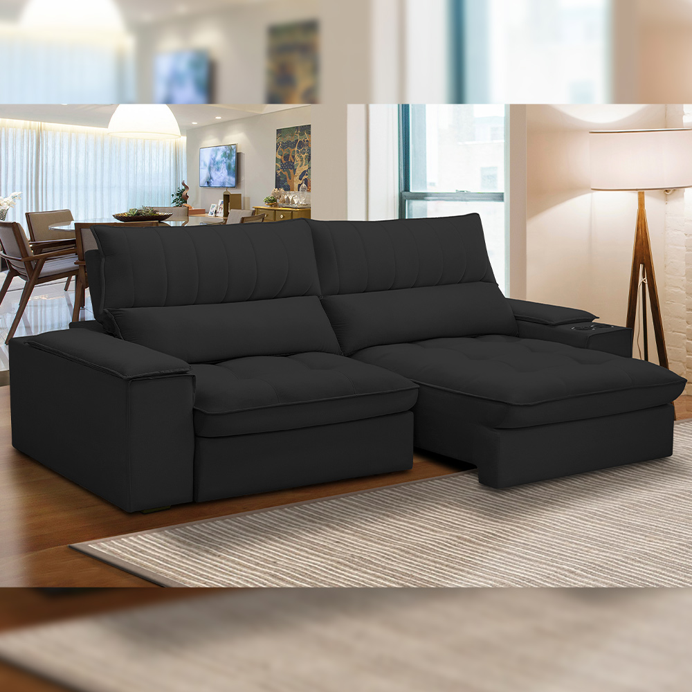 Sofá Retrátil Reclinável Para Sala de Estar Living 250cm Nápoles F04 Veludo Preto - Lyam Decor