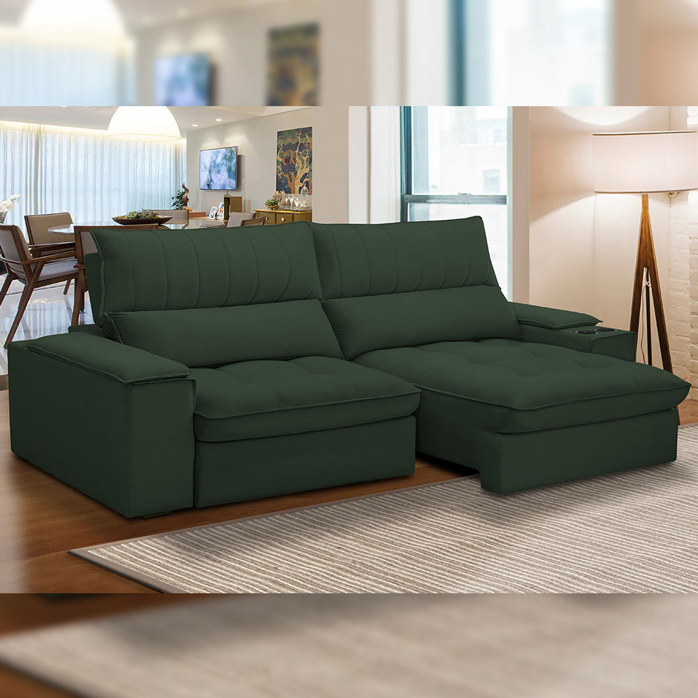 Sofá Retrátil Reclinável Para Sala de Estar Living 250cm Nápoles F04 Veludo Verde - Lyam Decor
